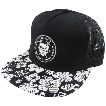 Discmania Apparel Black Discmania Shield & Swords Hawaiian Snapback Mesh Disc Golf Hat